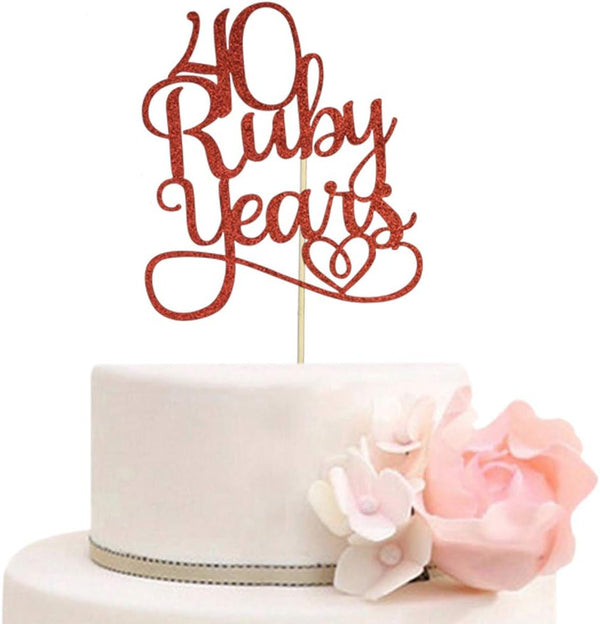 40 Ruby Years Cake Topper for 40th Anniversary Wedding Party Decorations, Red Glitter