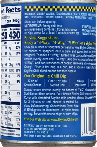 15 oz (6-Pack) Skyline Chili, Cans Authentic Cincinnati-Style Ground Beef, No Beans, High-Protein Hot Dog Sauce, Ready