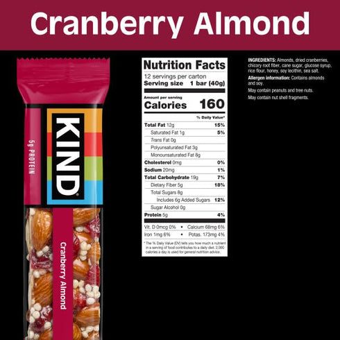5g 12 Count KIND Healthy Snacks Bars, Cranberry Almond, Gluten Free, High Fiber Snacks, Protein