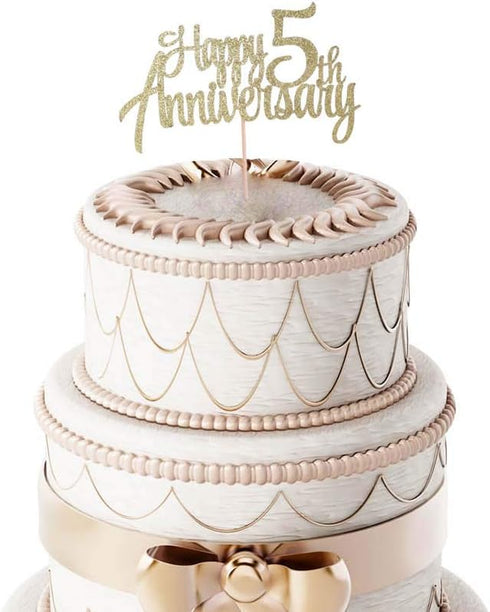 5th Anniversary Party Decoration, Gold Glitter Cake Topper