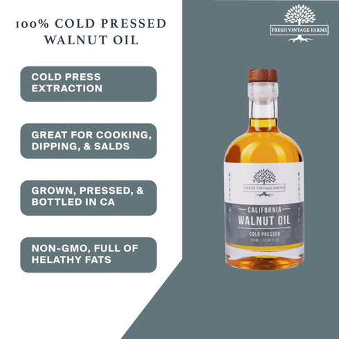 Fresh Vintage Farms Walnut Oil, Cold Press, California Grown for Cooking, Baking, Grilling, Dipping