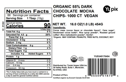 55% 1000 1 lb, Pack 1 Yupik Organic Pure Dark Chocolate Mocha Chips - Ct, Made With Roasted Ground Coffee, Vegan