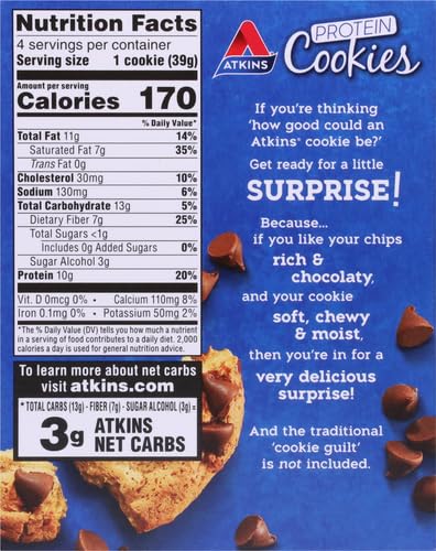 3g 1g 4 Count Atkins Chocolate Chip Protein Cookie, Protein Dessert, Rich in Fiber, Net Carb, Sugar, Keto Friendly