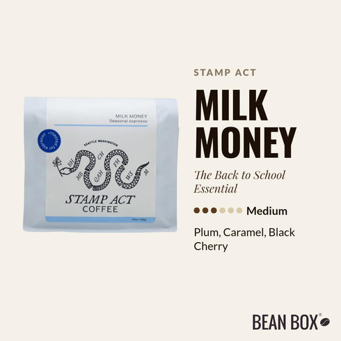 12 Milk Money - Roasted by Stamp Act - Whole Bean Coffee - Ounce Bag
