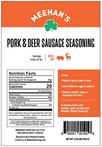 Meehan's Seasoning Meehans Pork & Deer Sausage Seasoning Homemade Sausage Blend, Makes 25 lbs,