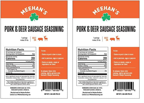 Meehan's Seasoning Meehans Pork & Deer Sausage Seasoning, 2 Pack Makes 50 lbs Total