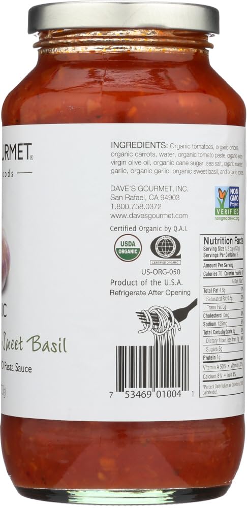 25.5 OZ (Pack 3) Dave's Gourmet Pasta Sauce, Roasted Garlic, Sweet Basil
