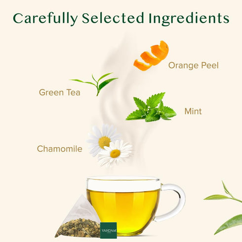 (100 Count) VAHDAM, Chamomile Mint Citrus Green Tea Bags Low Caffeine, Non GMO, Gluten Free | Sweet & Floral |