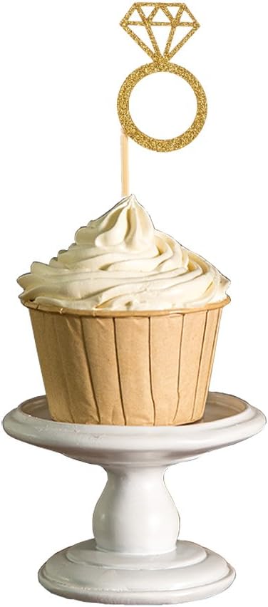 50 Pack Gold Glitter Mini Diamond Ring Cupcake Toppers for Marriage, Engagement, Anniversary, Birthday Party Cake Decor