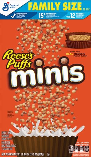 19.8 OZ (Pack 2) Reese's Puffs Minis Breakfast Cereal, Chocolate Peanut Butter Cereal, Family Size