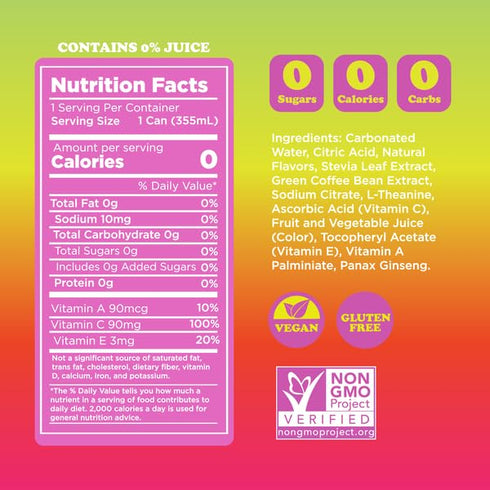 Pack 140mg 12 Oz (12-Pack) FEEL Variety Zero Sugar Natural Energy Drink Mixed Fruit Flavors, Plant-Based Caffeine +