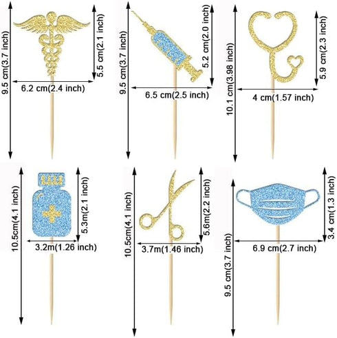 BoningNEW 24 Pcs Blue Gold Nursing Cupcake Toppers for Medical Rn Themed Cake Picks Nursing Themed Birthday Party