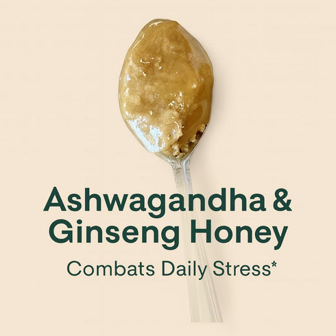 Bee Great 8 oz Ashwagandha & Ginseng Honey, Raw Honey with Adaptogens, Mild Herbal Flavor, Tea & Smoothie Sweetener