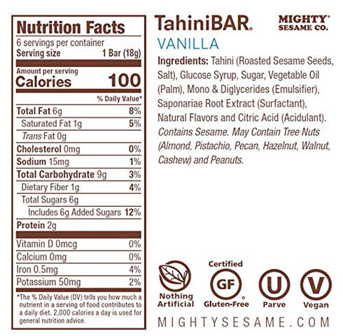 Mighty Sesame TahiniBars (Vanilla) - 6 Count Pack of 2, 100 Calorie Bar, Gluten Free, Vegan, Kosher, Nothing Artificial
