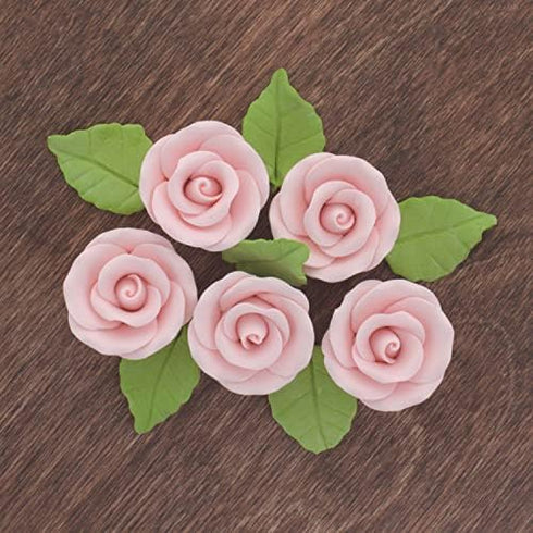 12 Count Global Sugar Art Premium Wedding Rose Edible Sugar Cake & Cupcake Flowers, Pink, with Leaves by Chef Alan