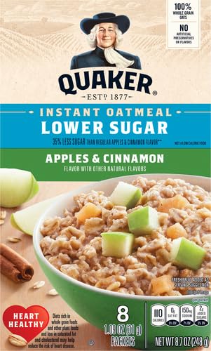 8 Count Quaker Instant Oatmeal Apple Cinnamon, Lower Sugar