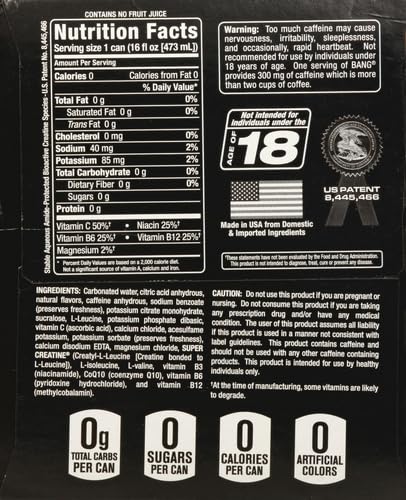 Bang Energy 0 16oz, 4 Count Bang Cotton Candy Energy Drink, Calories, Sugar Free with Super Creatine