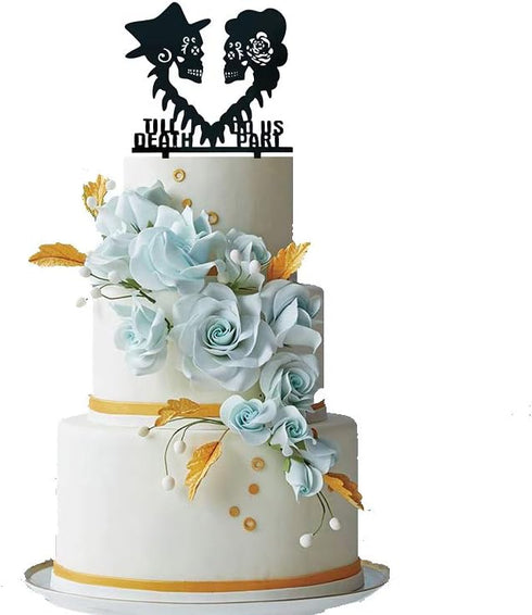 Till Death Do Us Part Wedding Cake Topper, Mr and Mrs Skull Skeleton Couple Black Silhouette