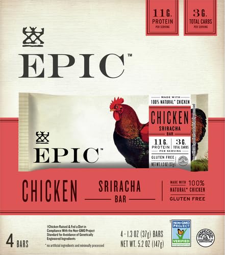4 5.2 oz EPIC Chicken Sriracha Bar, Keto and Paleo Friendly, Protein Bars, Ct