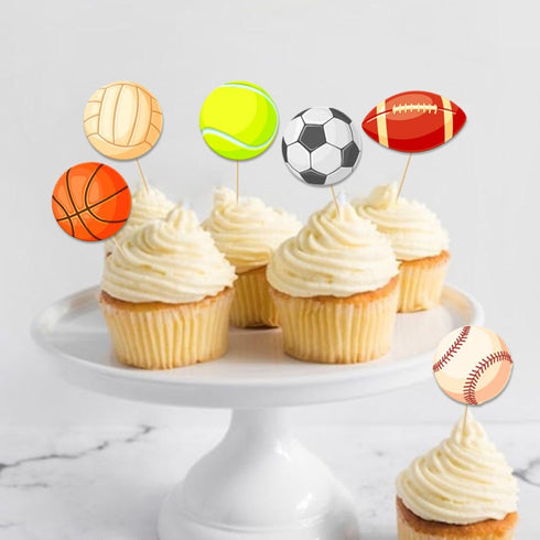 Morndew 24 PCS Sports Fan Cupcake Toppers - Basketball, Baseball, Soccer, Volleyball for Theme Party Decorations