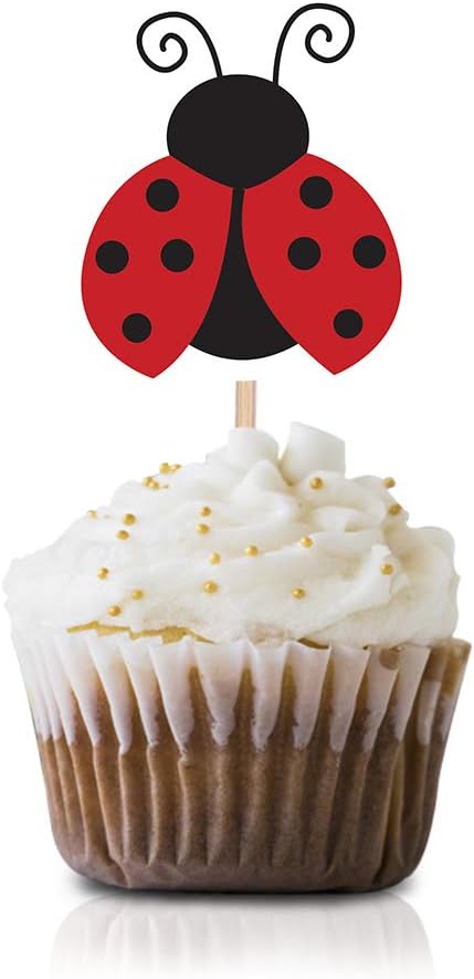 Ladybug Cupcake Topper Picks, 24-Pack, Red Ladybugs for Baby Shower Birthday Party Decorations for Boys and Girls