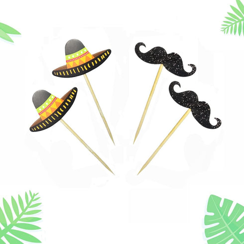Morndew 24 PCS Sombrero Mustache Cupcake Toppers - Decorations for Mexican Fiesta Themed Party, Birthday, Baby Shower