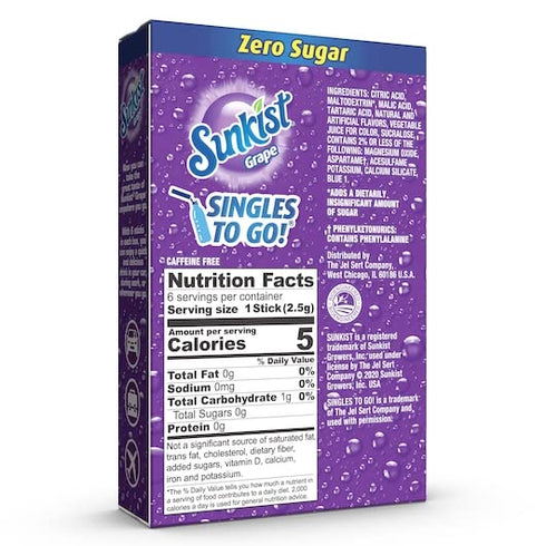 6 6 Packets -36 SINGLES TO GO! Sunkist Drink Mix Grape, Boxes with Each Total Servings
