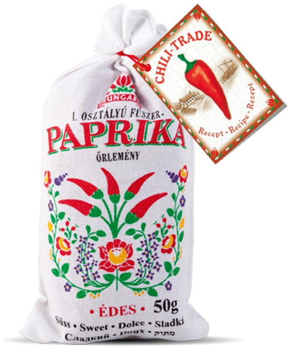 Hungarian sweet paprika (50g/1.76oz) in traditional folk canvas bag, imported from Hungary
