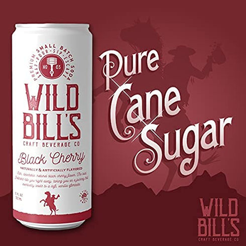 12 Oz 12 Pack Wild Bill's Black Cherry Soda Classic Craft Soda Pop Soft Drinks, Sodas Made with Pure Cane Sugar
