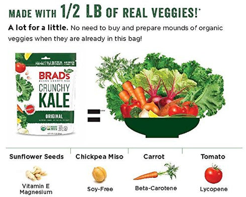 Brad's Plant Based Organic Crunchy Kale, Original with Probiotics - 3 Bags, 6 Servings Total