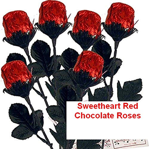 FavorOnline Dozen 9 1/2" One Chocolate Red Roses - Solid Premium Milk Chocolate Rose Wrapped in Shiny Red Italian Foil