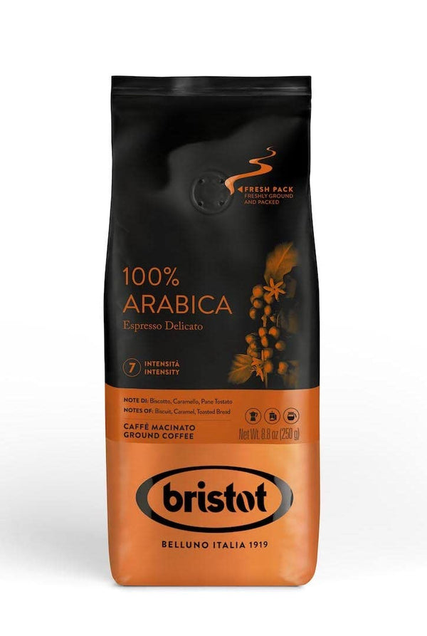 Bristot 100% Arabica Ground Coffee - Italian Espresso Delicato Medium Roast for Moka Pot, French Press & Pour Over -