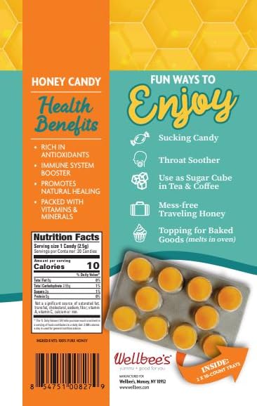 Wellbee's 100% 20 Pack Pure Honey Candy - No Additives - Healthy - Single Ingredient - Paleo Friendly And SCD Approved