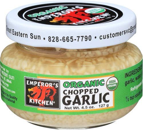4.5 (Pack 12) Emperor's Kitchen Organic Chopped Garlic, Ounce