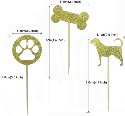 Morndew 24 PCS Gold Glitter Dog Palm and Bone Cupcake Toppers for Baby Shower, Birthday Party & Wedding Decorations