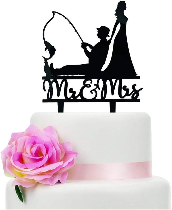 Fishing Wedding Cake Topper - Funny Bride and Groom Cake Decoration for Fishing Theme Wedding/Engagement