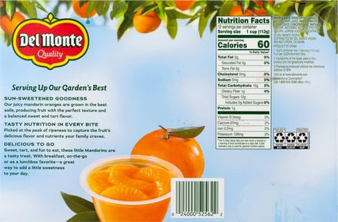 100% 12 Pack, 4 oz DEL MONTE Mandarin Oranges FRUIT CUP Snacks, in Juice