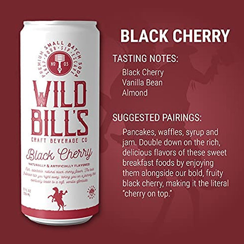 12 Oz 12 Pack Wild Bill's Black Cherry Soda Classic Craft Soda Pop Soft Drinks, Sodas Made with Pure Cane Sugar