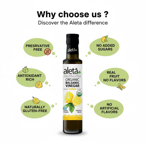 8.45 oz Aleta Farms, Infused Balsamic Vinegar, USDA Organic Greek, Salad Dressings, Pasta, Fish, fl (Lemon)