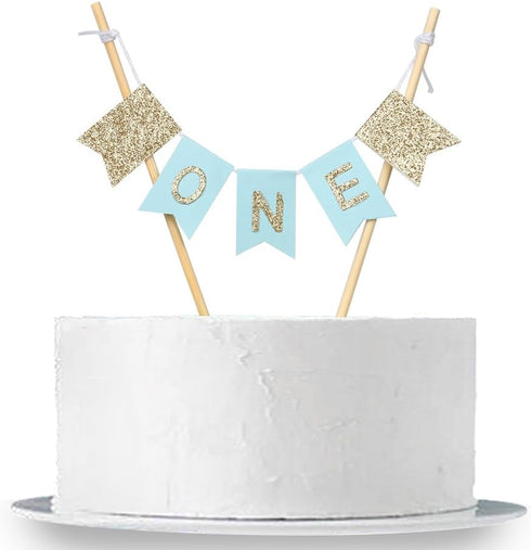 Handmade “ONE” Birthday Cake Topper, Baby Shower, 1st Birthday Cake Bunting for Baby Boy Party Supplies