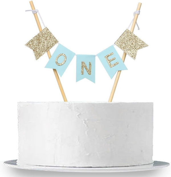 Handmade “ONE” Birthday Cake Topper, Baby Shower, 1st Birthday Cake Bunting for Baby Boy Party Supplies
