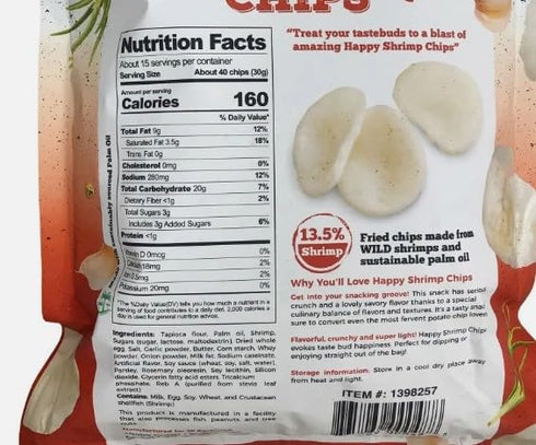Generic 16oz 454g Happy Shrimp Chips Fried Chips Made from Wild Shrimps and Sustainable Palm Oil (Two Bags)