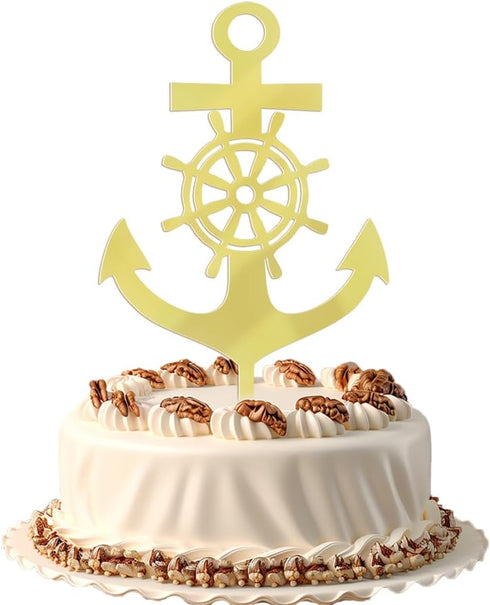 (1) Acrylic Nautical Cake Topper, Ship Anchor Design, for Birthday, Baby Shower, Wedding Party Cake Decor Supplies