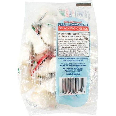 Generic Mozzarella 1 oz, 24-count Fresh Snacking Cheese, Individually wrapped, Pasteurized Milk, Vinegar, Enzymes, Salt