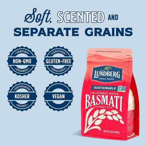 32 Oz Lundberg Basmati Rice, Long Grain White Rice - Non-Sticky, Fluffy, Nutty, Aromatic Rice, Vegan Food, Healthy