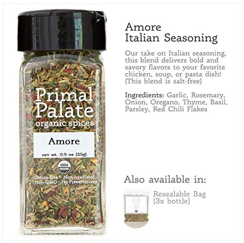 Primal Palate Organic Spices Amore Seasoning, Certified Organic, 0.9 oz Bottle