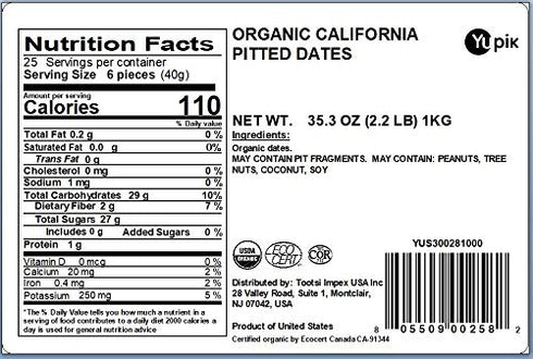 2.2 lb (35.2 oz), Yupik Organic Deglet Nour Pitted Dates, Non-GMO, Vegan, Gluten-Free, Kosher, Dried Fruits, No Pits