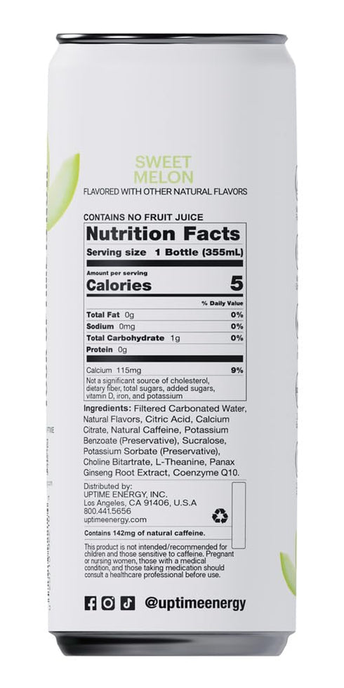 Summer 12 Pack, 142mg 5 12 oz UPTIME Energy Drink, Sweet Melon Sparkling, Vitamin C, L Theanine, Calcium, Sugar Free