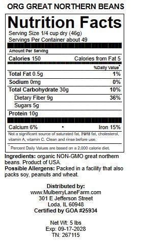 Mulberry Lane Farms 5 Great Northern Beans, Pounds USDA Certified Organic, Non-GMO, Dried, Bulk, Product of USA