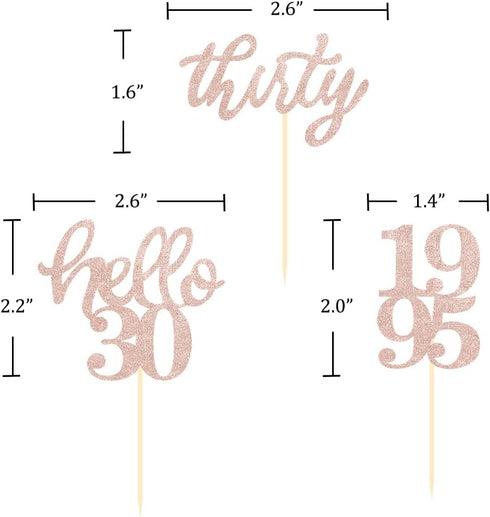 24 Pcs Rose Gold Glitter Cupcake Toppers for 30th Birthday, 30th Anniversary, Wedding Party Decorations